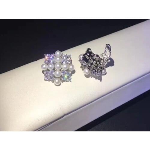 Natural fresh water pearl clip earring for no hole women 925 sterling silver with cubic zircon square fashion women jewelry