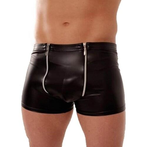 Men Leather Boxer Shorts Cueca Underwear Double Zipper Front with Pockets Male Gay Leather Sexy Trunks Boxers Panties Underpants