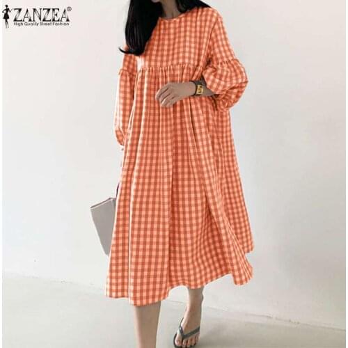 ZANZEA Vintage Women Plaid Checked Dress Autumn Retro Long Lantern Sleeve O Neck Sundress Kaftan Party Vestidos Robe Baggy S-5XL