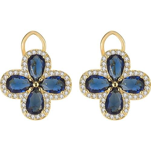 Vintage Royal Clover Blue Crystal Sapphire Gemstones Diamonds Stud Earrings for Women Gold Color Jewelry Bijoux Party Accessorie