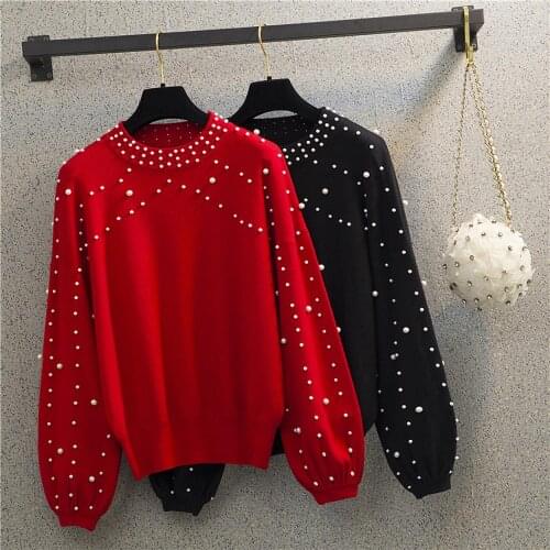 Autumn winter women Temperament sweaters and pullovers long sleeve casual Pearl sweater Large size knitted jumpers Sweater