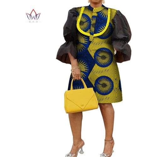Bazin Riche African Puff Sleeve Dresses for Women Dashiki Print Women Dresses Vestidos Women African Clothing Knee Length WY8353