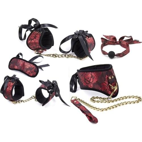 5PCS Set BDSM Bondage Kit,Fetish Sex Slave Mouth Gag,Neck Collar And Leash Hand Cuffs Ankle Cuffs Blindfold Sex Toys For Couples
