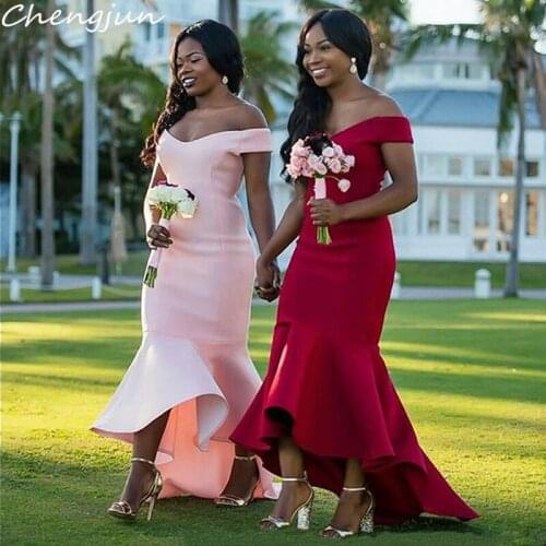 Chengjun Off Shoulder V-Neck Satin High-Low Mermaid Long Bridesmaid Dresses