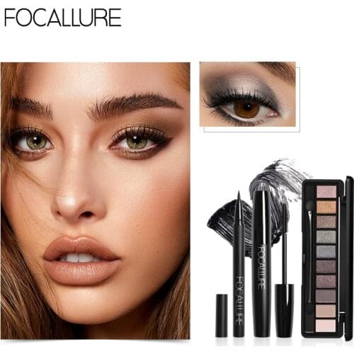 FOCALLURE 3 Pcs Eye Makeup Set Eyeshadow Palette Mascara Eyeliner High Quality Professional Makeup Pigment for Eyes