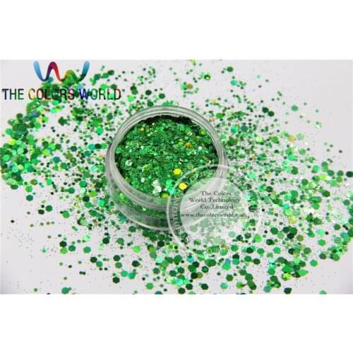 H1214-118 Holographic Green Colors Hexagon shape Mix size Glitter for Nail Polish Acrylic and DIY supplies