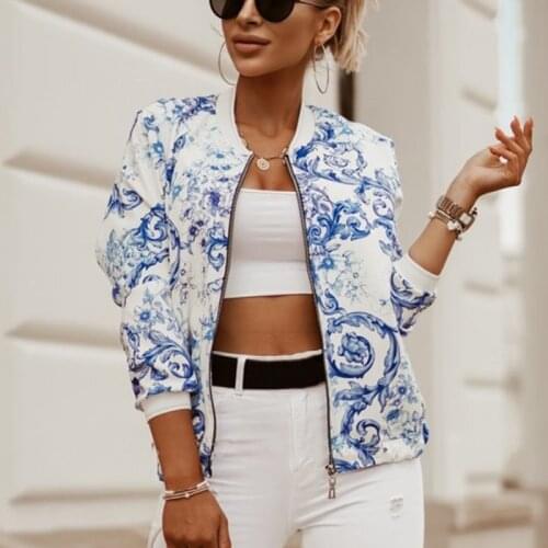 Flower Print Long Sleeve Womens Bomber Jacket Fashion Zipper Up Vintage Coat Tops Elegant Slim Basic Ladies Jackets Outwear