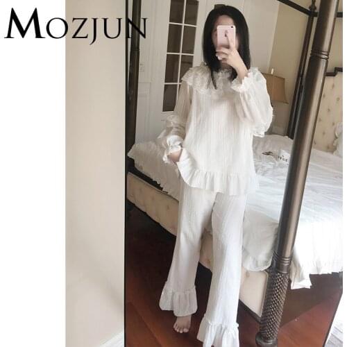 Summer Women Pajamas Set Cotton Lace Sexy Lady Sleepwear Ruffled Cuff Two Piece Floral Pajamas Nightwear Brand Mozjun #MZ104