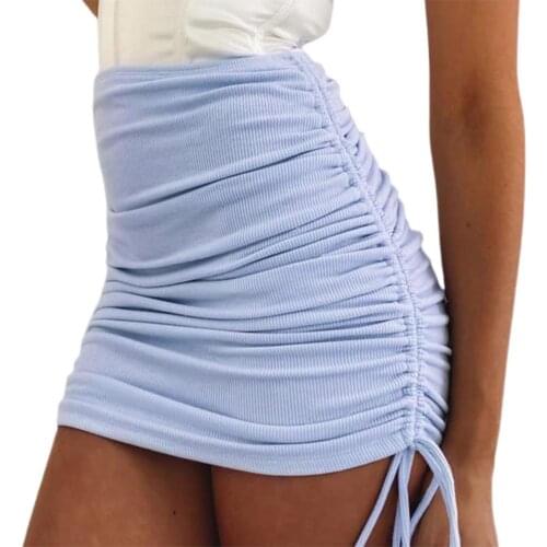 Summer Women Mini Skirt Solid Color Drawstring Short Skirt Ruched Bodycon Women Elastic Skirt Streetwear Party
