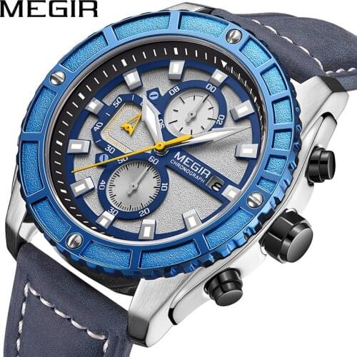 MEGIR Official Blue Mens Sports Watch with Luminous Waterproof Watches for Man Leather Band Chronograph Wristwatch Reloj Hombre