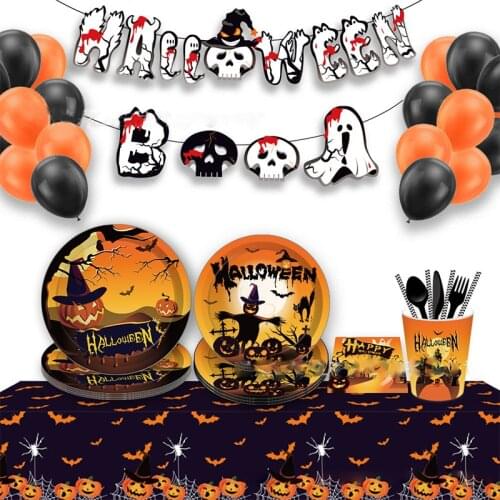 Halloween Party Disposable Tableware Serves 8 Guests Pumpkin Plates Cups Napkins Boo Happy Halloween Party Decor For Home 2021