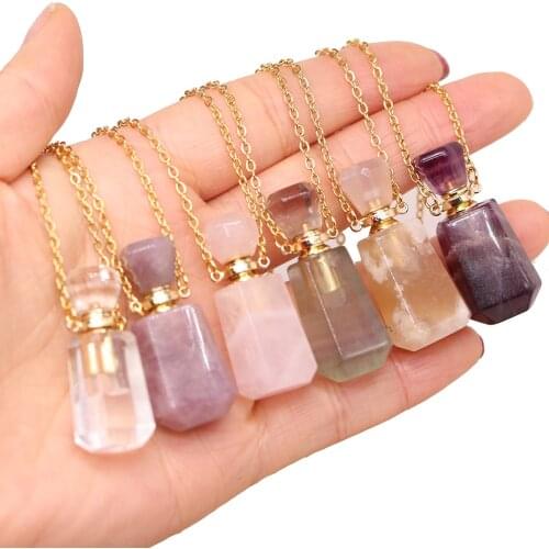 Natural Stone Perfume Bottle Necklace Faceted Pink Quartz Amethysts Essential Oil Diffuser Vial for Women Jewelry Romantic Gift