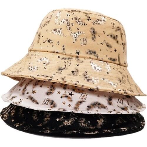 Foldable Bucket-Hats Glitter Leopard Star Print Fisherman Cat Cotton Fashion Sunscreen Vintage Panama Hat Female Hip Hop Cap