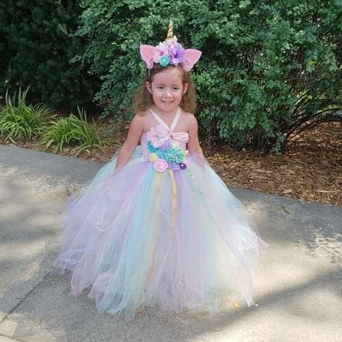 Girls Pastel Unicorn Flower Tutu Dress Kids Crochet Tulle Long Dress Ball Gown with Hairbow Children Party Costume Cosplay Dress
