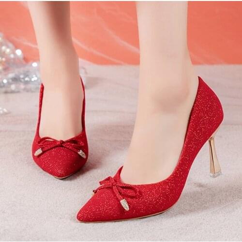 Plus Size 34-42 Women Pumps High Heels Dress Shoes Women Wedding Shoes Bridal Silver Red Ol Office Lady Shoe Bow Thin Heel 9079N