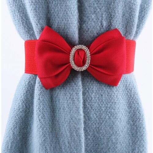 Red white black fashion elastic belts for women ladies for dress korean bow wide waist seal rhinestone stretch strap waistband