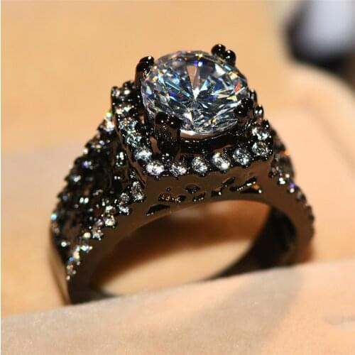 Luxury Men Women Big Crystal Stone Ring Vintage 14KT Black Gold Filled Wedding Bands Large Solitaire Engagement Ring