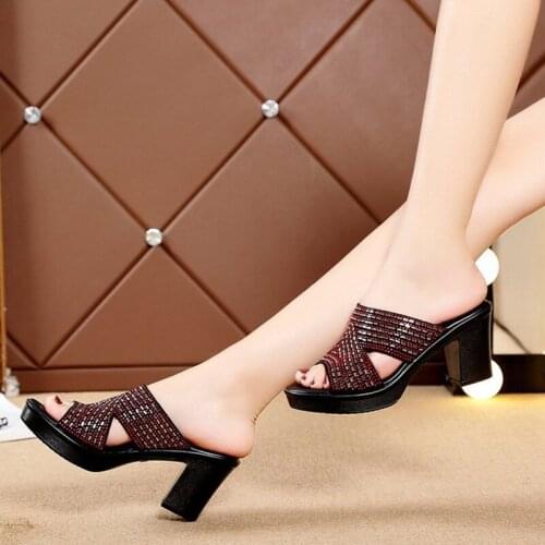 Plus Size Sandals Square Heel Pumps Rhinestone Slippers Women Summer Platform Shoes Mules Femme Black Blue Sandal Heels 8cm