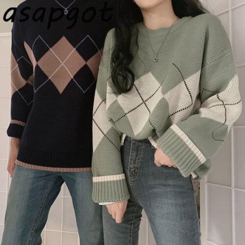 Couple Sweater Chic Contrast Color Argyle Knitted Sweater Women Loose Casual Puff Long Sleeve Pullovers Sweater Fashion Top Pull