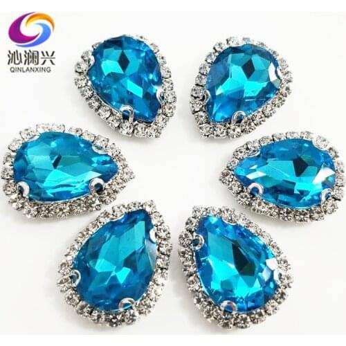 Top grade Silver bottom Glass Crystal buckle,Lake blue Drop shape sew on rhinestones with holes,Diy/wedding decoration SWSKY19