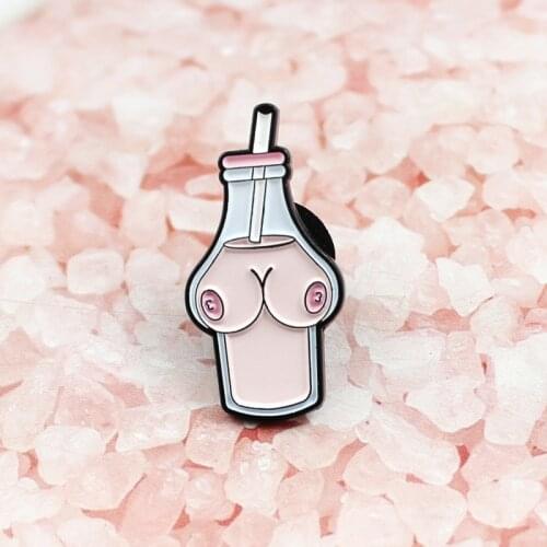Female Body Creative Brooch Bottled milk beverage modelling Badge chest women Bosom shape Privacy Valentines Day jewelry pin