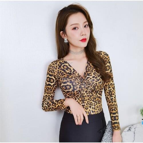 Spring Autumn Women Plus Size Leopard Print Bottoming T Shirt Sexy Long Sleeve V-neck Slim Fit T Shirt Bodycon Tops Dance Tops