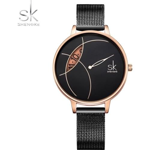SHENGKE New Female Watches Quartz Women Clock Silver Black Mesh Strap Fashion Casual Creative Design Girlfriend Reloj Mujer