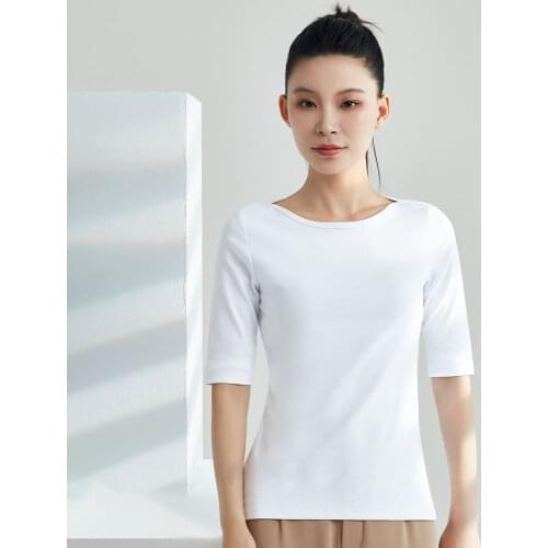 Cotton Women T-shirt Slash Neck Short Sleeve women shirt All match Lady Top Black White Gray Yellow Shir