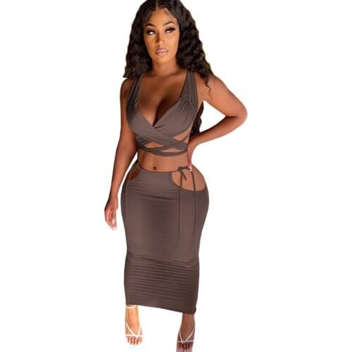 Sexy Women Skirt Two Piece Set Cross Bandage Crop Tank Top And Long Skirt Dress Solid Color Streetwear Summer Matching Tracksuit