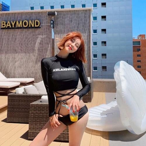 Swimsuit Women 2020 Girls Bathing Suit Korean Swimwear For Surfing Long Sleeve Hide Ins Fairy Fan Solid Spandex Rashguard Female