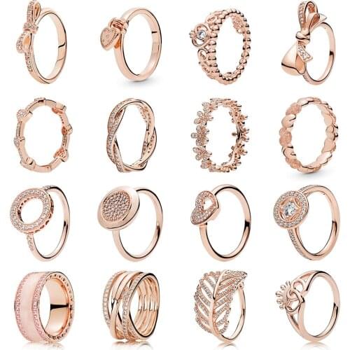 Kakany New S925 Sterling Silver Female Crown Bow Heart-shaped Ring Elegant Rose Gold European Fashion Jewelry Mothers Day Gift