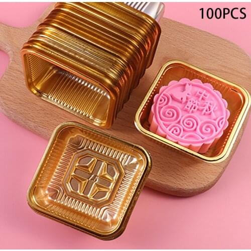 100pcs Golden Plastic Mooncake Boxes 50-100g Square Moon Cake Trays DIY Pastry Dessert Baking Cake Box For Kitchen Accessories