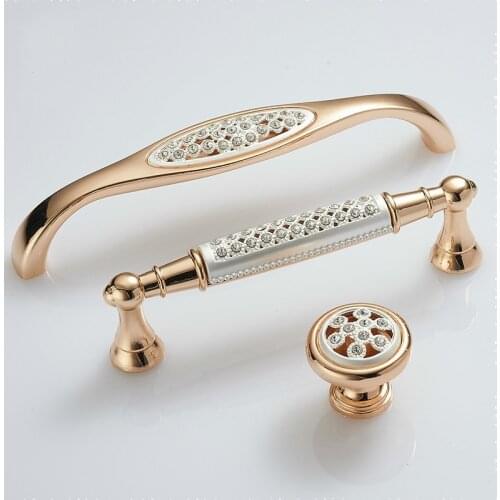 Champagne Gold Door Handles With Diamond Luxury Zinc Alloy Cabinet Drawer Knobs European Wardrobe Furniture Pulls Hardware
