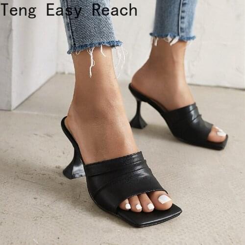 Women Sexy Sandals Slip On Narrow band PU Leather Ladies Super High Heels Shoes Woman Slippers Female Sandal Fashion Pumps black