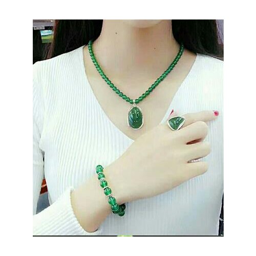 Natural authentic King green agate, chalcedony Ring Pendant Bracelet 925 silver three piece set female gift ornaments