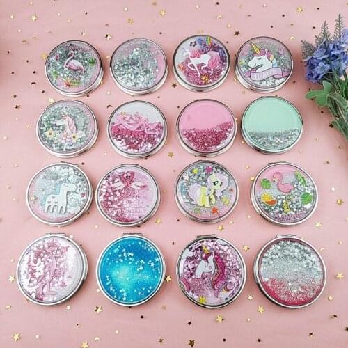CSHOU151 Cartoon Double-Sided Unicorn Makeup Mirror Compact Pocket Mirror Mini Folding Cosmetic Mirror Gifts with Flowing Sparkl