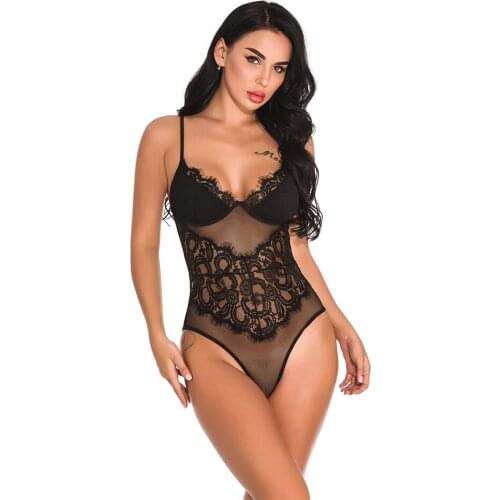 Erotic Plunge V Neck Bodysuit Sexy Lace Flower Embroidery Temptation Push Up Bra Set Transparent Hollow Bodycon Women Underwear