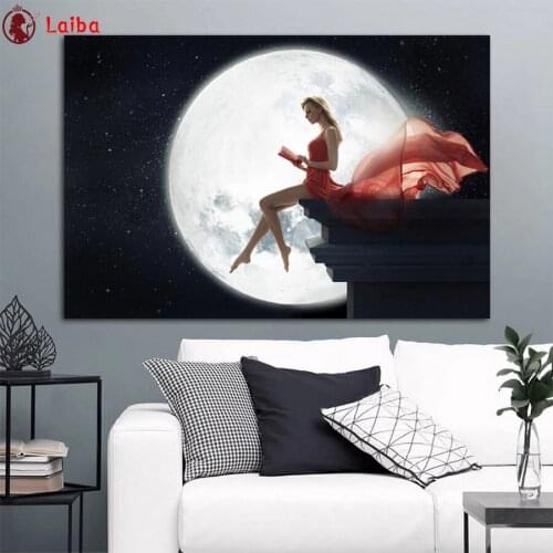Photo custom diy diamond embroidery Woman Read Book Moon diamond painting full square round drill diamond mosaic art home