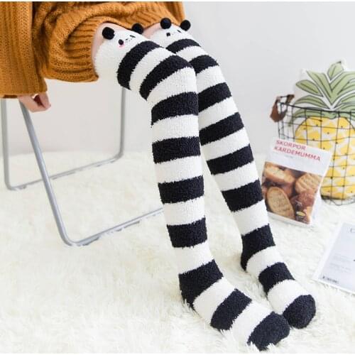 Soft Coral Fleece Knee Socks Girls Women Cute Animal Modeling Stockings Striped Cozy Long Thigh High Compression Warm Sock