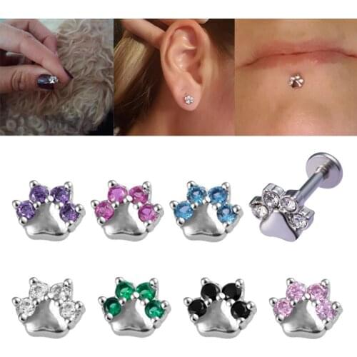 1PC Paw Lip Ring Piercing Labret Stud Monroe Bar Zircon Internally Threaded Tragus Helix Ear Cartilage Earring Body Jewelry 16G