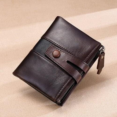 Double Zipper Leather Wallet Mens Full-Grain Leather Short Wallets Small Card Holder Purse Anti-Theft Brush RFID Color Matching