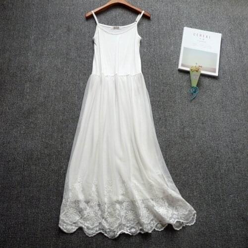 Lace embroidery mesh patchwork Modal tank spaghetti strap dress 2019 spring