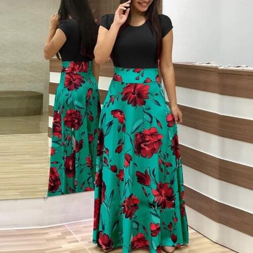Floral Print Women Long Dress Plus Size Summer Casual O Neck Short Sleeve Bohemia Dress Elegant Sexy Ladies Maxi Dress Vestidos