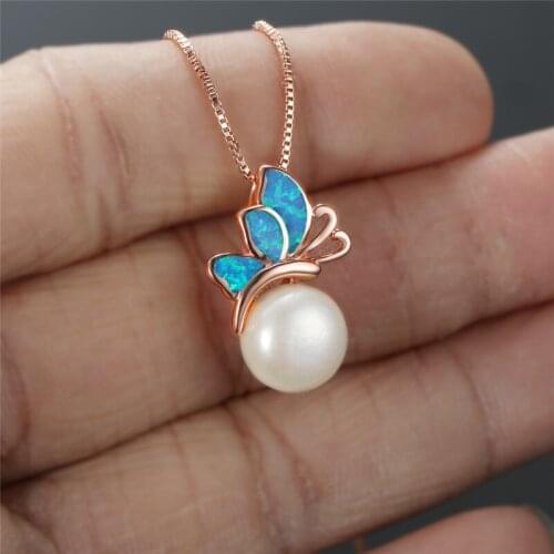 Fashion Butterfly Round Pearl Pendant Necklace Female White Blue Opal Wedding Necklace Rose Gold Color Chain Necklaces For Women