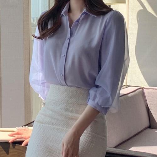 Solid Long Sleeve Chiffon shirt female Summer 2021 New Office Lady Ladies top Lantern Sleeve transparent Women Shirt 92G