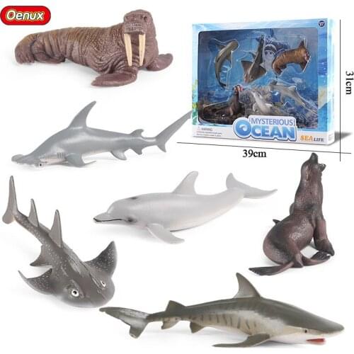 Oenux 6pcs/set Ocean Animals With Box Simulation Walrus Seal Turtle Squid Action Figures Sealife Model PVC Static Kid Toys Gift