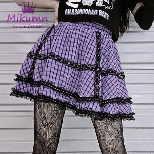 Punk Grunge Rivet Lace Purple Plaid Skirt Harajuku Gothic Lolita High Waist Pleated Cake Mini Skirts Y2K Girl Chic Streetwear