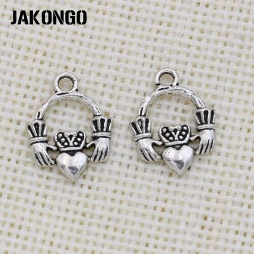 JAKONGO Antique Silver Plated Hand Heart Charm Pendant for Jewelry Making Bracelet Accessories DIY 18x13mm 25PCS/lot