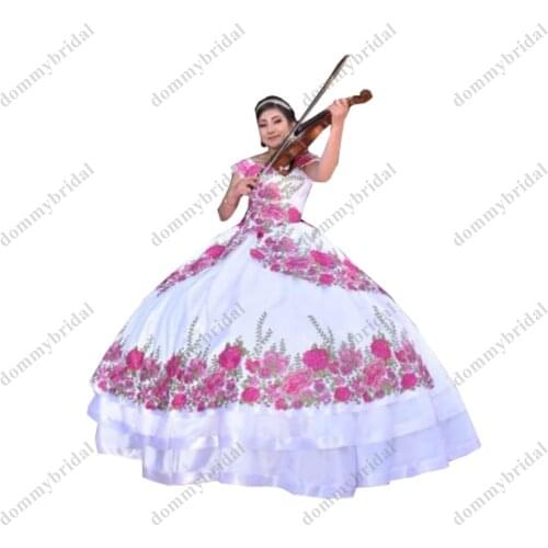 Amazing Fuchsia 3D Floral Flowers Ball Gown White 2021 Cheap Quinceanera Dress with Cap Sleeve Corset Cocktail Evening Dresses
