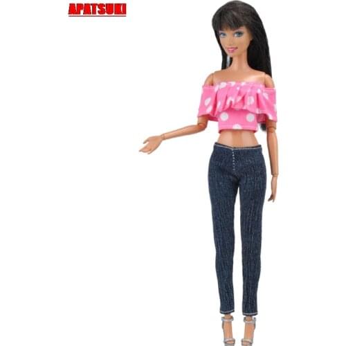 Casual Off Shoulder Shirt PINK Tops Blouse Long Jean Pants Suit Clothes for Barbie Doll Outfits Clothes for 1/6 BJD Doll DIY Toy